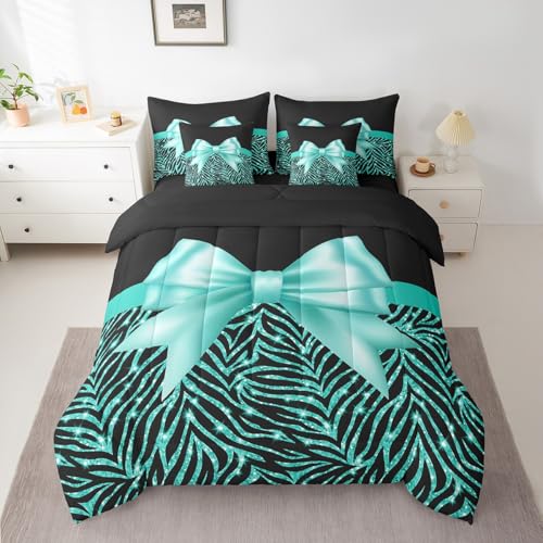 Feelyou Teal Bowknot 7 Piece Bedding Set Queen Size Glitter Print Comforter Set with Sheets for Kids Girls Adult Cute Bowknot Bed in a Bag Black Silver Bed Set Feelyou
