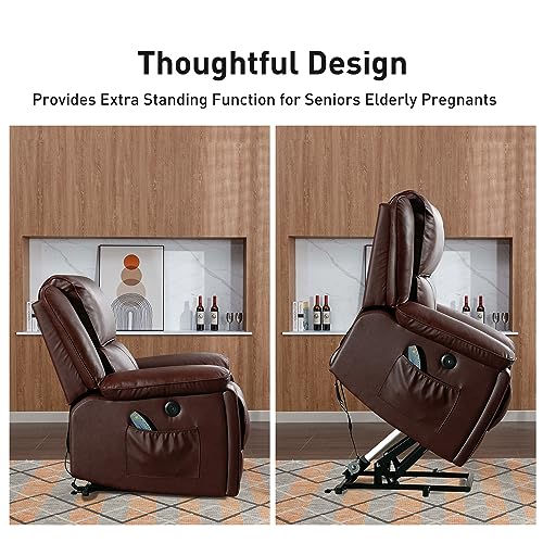 Bonzy Home Genuine Leather Lift Recliner Chair with Heat and Massage, Leather Power Lift Recliner RV Recliner for Adults Elderly, 2 Hidden Cup Holders, USB Port, Red Brown