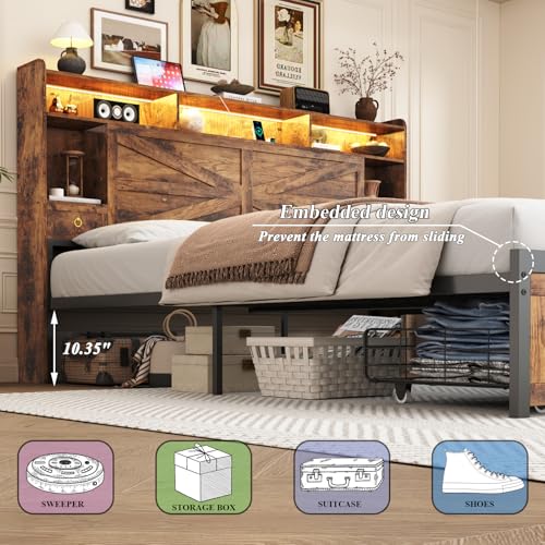 TIGUBFRE King Size Bed Frames with Storage Headboard and 4 Drawers, Farmhouse Platform Bed Frame with Charging Station & LED Lights, Metal Slats Support, Noise Free, No Box Spring Needed, Rustic Brown TIGUBFRE