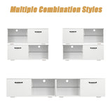 DMAITH LED TV Stand for 70 75 Inch TVs, High Gloss Entertainment Center with Blue LED Lighting, Dual Cabinets & 4 Open Shelves, Soft Close Hinged Doors with Handles for Living Room & Bedroom, White DMAITH