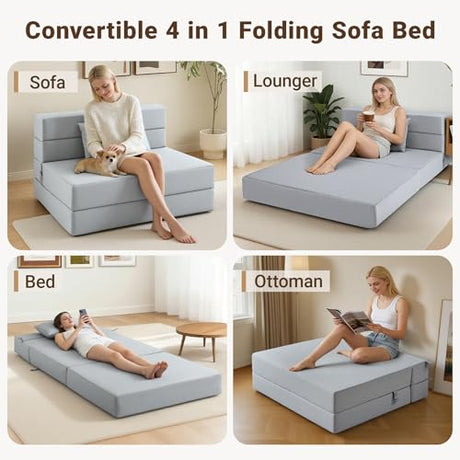 BeBen Folding Sofa Bed, Boneless Foldable Chair Bed, Convertible Futon Sleeper Chair Couch, Twin Lazy Floor Lounger Sofa Couch for Small Spaces, Dorm, Guest Room, Living Room, Apartment, Grey BeBen