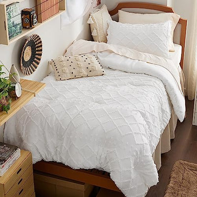 Bedsure Twin XL Comforter Set - White Twin Extra Long Comforter Set for College, Shabby Chic Dorm Bedding Set, 2 Pieces Boho Farmhouse Bed Set, includes 1 Pillow Sham