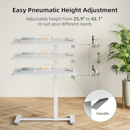 Gibbon Mounts Medical Adjustable Overbed Bedside Table, 32 Inch Pneumatic Mobile Standing Desk with Hidden Wheels, Rolling Laptop Cart for Home, Hospital, White Gibbon Mounts