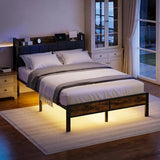 Liians Full Size Bed Frame with Smart LED Light, Wood Storage Charging Station Headboard, Metal Platform Bed, No Box Spring Required, Easy Assembly, Noise Free Liians