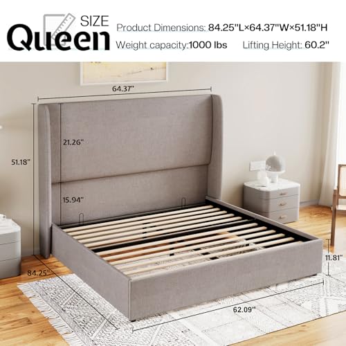 Jocisland Queen Size Lift Up Storage Bed Frame Linen Upholstered Platform Bed/Hydraulic Storage/Modern Wingback Headboard/No Box Spring Needed/Wood Slats Support/Light Grey Jocisland