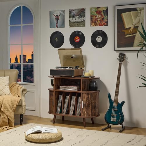 LELELINKY Large Round Record Player Stand with Charging Station & Fluted Panel, Brown Mid Century Modern Turntable Cabinet with Vinyl Storage, Arched Wood Record Player Table for Living Room LELELINKY