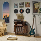 LELELINKY Large Round Record Player Stand with Charging Station & Fluted Panel, Brown Mid Century Modern Turntable Cabinet with Vinyl Storage, Arched Wood Record Player Table for Living Room LELELINKY