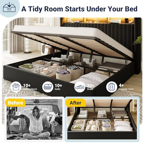 Allewie King Size Lift Up Hydraulic Storage Bed Frame, 2-Tier Shelf Headboard with LED Lights and Charging Station, USB and Type C Ports, Wingback Velvet Headboard, No Box Spring Needed, Black Allewie