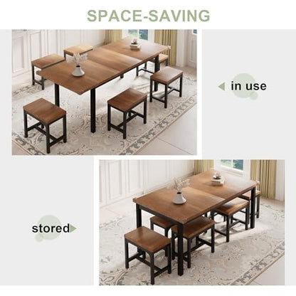 Feonase 7-Piece Dining Table Set with 6 Stools, 63" Large Extendable Kitchen Table Set for 4-8, Mid-Century Dining Room Table with Heavy-Duty Frame, Easy Assembly, Walnut - WoodArtSupply