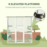 PawHut Outdoor Cat House Big Catio Wooden Feral Cat Shelter Enclosure with Large Spacious Interior, 6 High Ledges, Weather Protection Asphalt Roof, 71" L, White PawHut