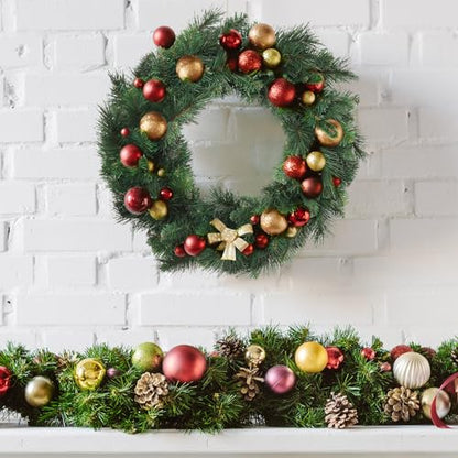 Deluxe Evergreen Pine Wreath | 24" Wide | 150 Lifelike Green Tips | Indoor/Outdoor Use | Holiday Xmas Accents | Front Door | Christmas Wreaths | Home & Office Decor