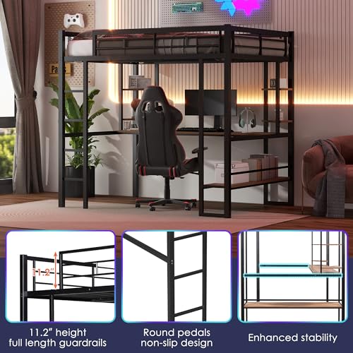 SOFTSEA Heavy-Duty Full Size Metal Loft Bed with Integrated Desk and Storage Shelves SOFTSEA