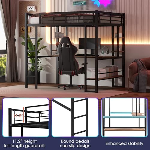 SOFTSEA Heavy-Duty Full Size Metal Loft Bed with Integrated Desk and Storage Shelves - WoodArtSupply