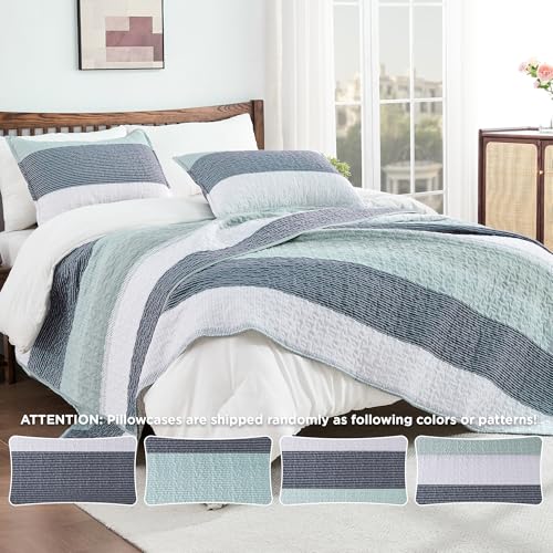 Andency Queen Quilt Bedding Set Sage Green, 3 Pieces Patchwork Mint Green Striped Ultra Soft Lightweight Bedspreads, Coverlets Set with 2 Pillow Shams for All Seasons (90"x96")