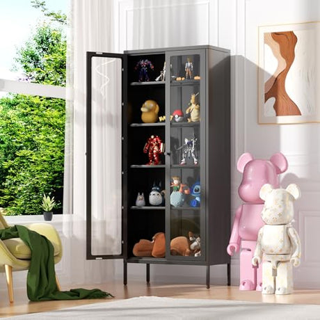 Crownland Metal Storage Cabinet with Glass Doors, Display Curio Glass Cabinet with 4 Adjustable Shelves, Tall Modern Office Storage Cabinet for Bedrooms, Living Room, Pantry(Black) Crownland