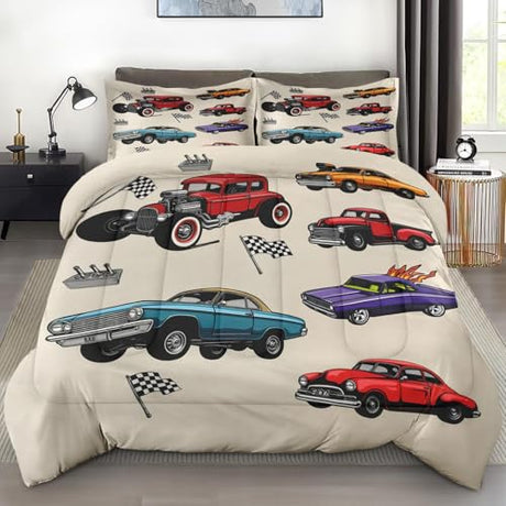 Pamnest Car Comforter Set Twin Size, Boys Vintage Truck 2 Pcs Bedding for Kids and Adults, Classic Cars Comforter Set with Pillowcase, for Bedroom Bed Decor Pamnest