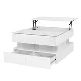 Modern Lift Top Coffee Table with with Storage Drawers, Square Center Table with Glass Tabletop & LED Lights for Living Room, White SOFTSEA
