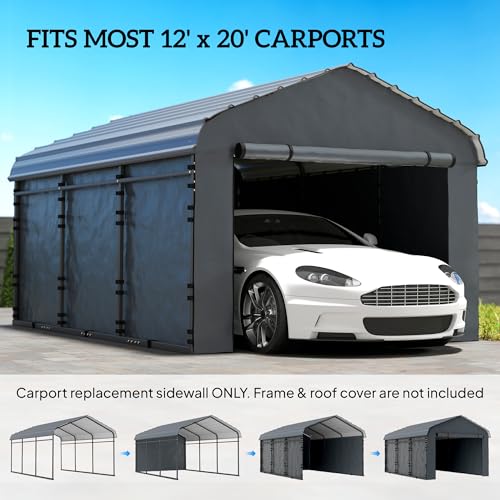 Outsunny Carport Replacement Sidewall Panels Set of 4 for 12' x 20' Carports, UPF50+ Waterproof PE Tarp Replacement Side Wall Cover with Zipper Door, Top Cover and Frame Not Included, Dark Gray Outsunny