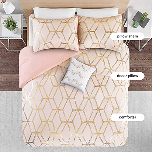 Comfort Spaces Vivian Comforter Set Ultra Soft All Season Lightweight Modern Geometric Glam Metallic Print Bedding, Matching Sham, Decorative Pillow, Full/Queen, Geometric Blush/Gold Comfort Spaces