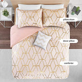Comfort Spaces Vivian Comforter Set Ultra Soft All Season Lightweight Modern Geometric Glam Metallic Print Bedding, Matching Sham, Decorative Pillow, Full/Queen, Geometric Blush/Gold Comfort Spaces