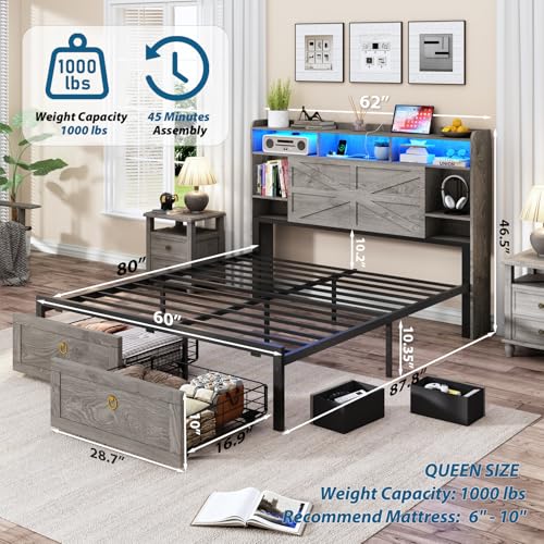 TIGUBFRE Queen Bed Frame with Storage Headboard, Farmhouse Wood Bed Frame Queen Size with 4 Drawers, LED Light & Charging Station, Metal Slats Support, Noise Free, No Box Spring Needed, Rustic Gray TIGUBFRE
