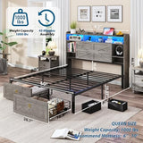 TIGUBFRE Queen Bed Frame with Storage Headboard, Farmhouse Wood Bed Frame Queen Size with 4 Drawers, LED Light & Charging Station, Metal Slats Support, Noise Free, No Box Spring Needed, Rustic Gray TIGUBFRE