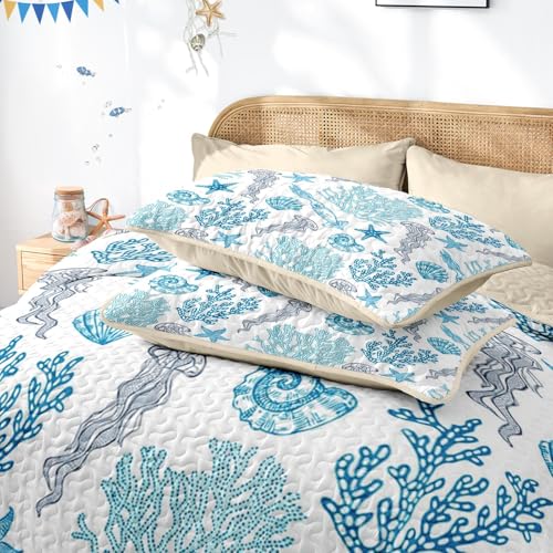 Pamnest Quilt Set Twin Size, Ocean Beach Nature 2 Pcs Soft Bed Cover Bedding Set, Sea Animal Coastal Lightweight Bedspread Coverlet with Pillow Sham for All Season Pamnest