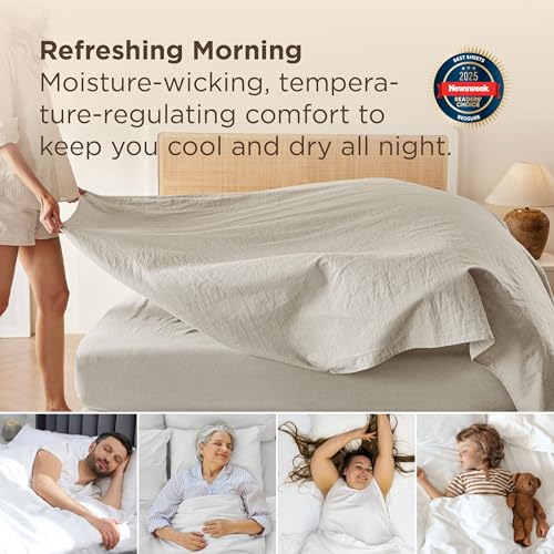 Bedsure Queen Bed Sheets, Cotton Linen Sheet Set, Breathable & Durably, Anti - Pilling & Soft, Deep Pocket Queen Fitted Bedsheets Up to 16 Inches, 4 Pieces, Linen Bedsure