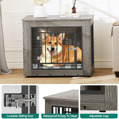 YITAHOME Dog Crate Furniture for Medium Dogs, Side End Table, Modern Dogs Kennel Indoor up to 35 lb, 2-in-1 Iron-Wood Fusion Dog Cage with Waterproof Top, Safety Corners,Steel Lock,30" L,Grei - WoodArtSupply