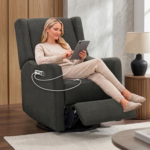 Delta Children Mercer Electronic Power Recliner and Swivel Glider with USB Port in LiveSmart Performance Fabric - Water Repellent & Stain Resistant, Dark Grey