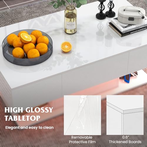 Tangkula LED Coffee Table with 2 Drawers, High Glossy Modern Center Table, 20-Color Dimmable LED Lights & Remote Control, 2-Tier Rectangle Coffee Table for Living Room (with Drawer, White) Tangkula