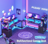 PRAISUN 61.7" Gaming Desk with LED Lights & Outlets, Computer Desk with 3 Fabric Drawers, PC Desk with PC Case Stand & Movable Storage Shelves, Monitor Stand, Reversible, Carbon Fiber Black PRAISUN
