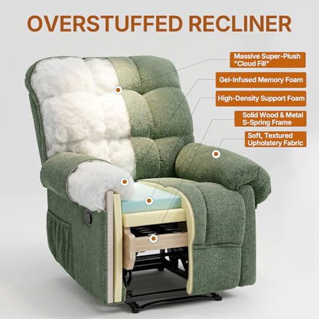Comfy Recliner Chair for Elderly Seniors Adults, Overstuffed Manual Recliner, Ergonomic Back Pain Relief w/Pockets, Reading Apt Bedroom Living Room, Birthday Gift, Green MONNIYU