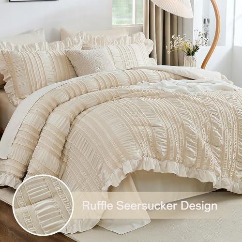 Beige Comforter Set Full Size 7 Pieces, Boho Tufted Ruffle Bed in a Bag, Seersucker Textured Bedding Set for Girls 90"×78" WONGS BEDDING