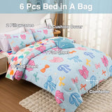 A Nice Night Full Size Bed in A Bag Bow Comforter Set for Kids,Quilt Bedding Set with Bowknot & Chic Polka Dot Pattern,Blue Background Room Decor for Girls A Nice Night