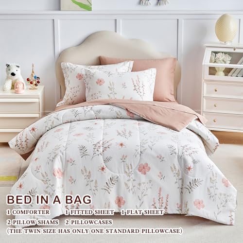 Joyreap 7pcs Cotton Comforter Sheet Set for Girls, Queen Size Bed in a Bag, Pink Flowers n Leaves Botanical Design, Soft n Cozy Kids Bedding Comforter Set for All Season- 88x88 inches Joyreap