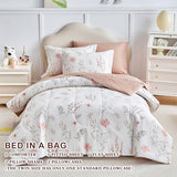 Joyreap 7pcs Cotton Comforter Sheet Set for Girls, Queen Size Bed in a Bag, Pink Flowers n Leaves Botanical Design, Soft n Cozy Kids Bedding Comforter Set for All Season- 88x88 inches Joyreap