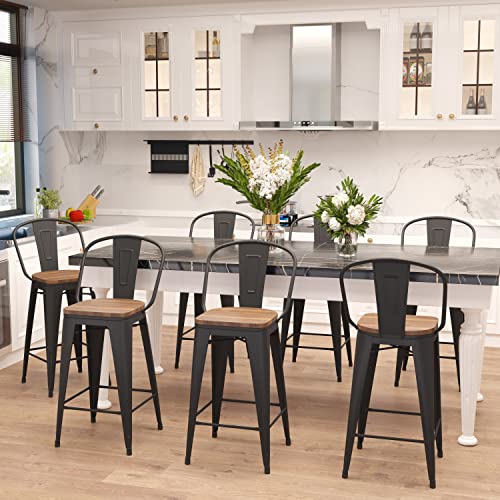 Aklaus Metal Bar Stools Set of 4,26 inch Barstools Counter Height Bar Stools with Backs Farmhouse Bar Stools with Larger seat High Back Kitchen Dining Chairs Modern Bar Chairs Matte Black Stool Aklaus