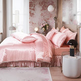 Bedorm Pink Satin Comforter Set 10 Pcs White Pom Pom Bedding Set Queen Size Super Soft Smooth Silk Like Silky Comforter Queen Bed in A Bag with Comforter & Sheet Set & Pillowcase & Bed Skirt Bedorm
