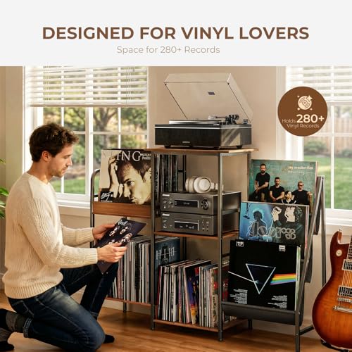 Qlearsoul Vinyl Record Stand, 3-Tier Record Player Table with Left and Right Storage for Living Room Bedroom Qlearsoul