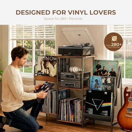 Qlearsoul Vinyl Record Stand, 3-Tier Record Player Table with Left and Right Storage for Living Room Bedroom Qlearsoul