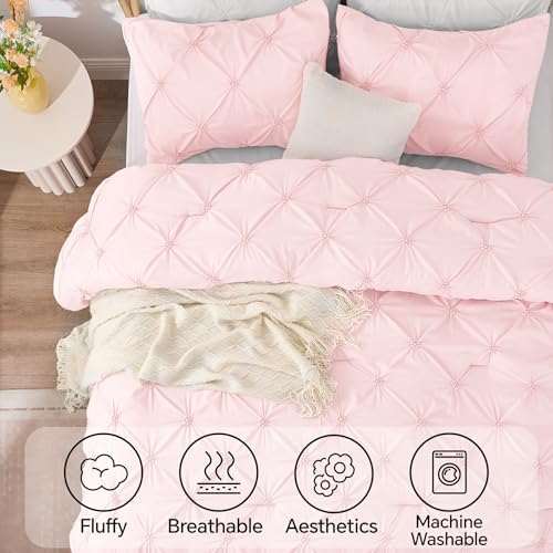 BEDELITE Baby Pink Queen Comforter Set - 3 Pieces Boho Pintuck Bedding Comforter Sets, Lightweight Soft & Warm Bed Comforter Queen with 2 Pillowcases for All Season BEDELITE