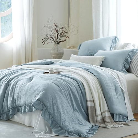 softpage Blue Ruffle Comforter Set King, Pre-Washed Shabby Chic Bedding Set, Lightweight Cottagecore Soft Romantic Cozy 1 Comforter & 2 Shams, All-Season softpage