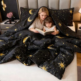 Caressma Black Comforter Moon Star Teen Boy Girl Galaxy Bedding Microfiber Twin Size Set 2 Pieces for All Seasons with Pillowcase Caressma