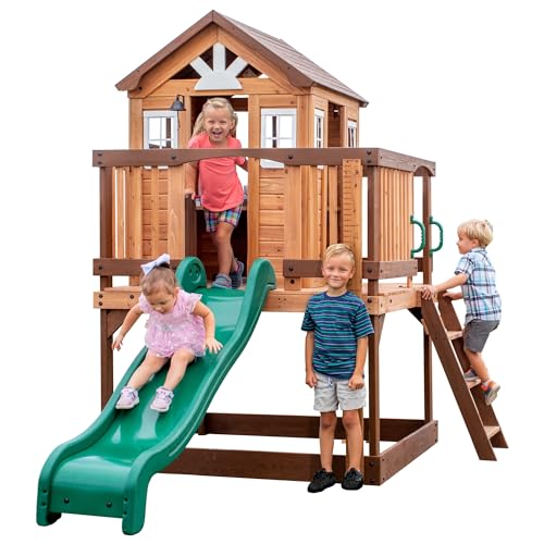 Backyard Discovery Echo Heights Elevated Cedar Playhouse, Play Kitchen, Powered Blender, Working Bell, 6 ft Wave Slide, Wrap-Around Deck, Flat Step Ladder, Growth Chart Backyard Discovery