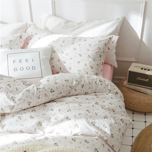 mixinni Girl Floral Full Size Comforter Pink White Flower Leaf Print Bedding Sets, Cute Floral Bedding Comforter Sets for All Seasons-(1 Comforter+2 Pillow Shams)-Full Size mixinni