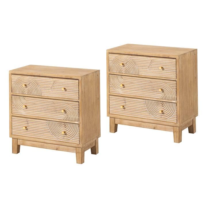 COZAYH 3-Drawer Farmhouse Dresser with Handicraft Wood Ring Motif, Set of 2 Fully Assembled Nightstand Wooden Finish for Boho, Mid-Century, Natural Wood, Rustic - WoodArtSupply