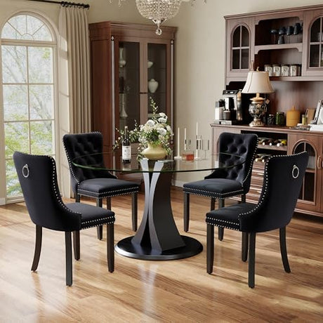 SIZOTA 5-Piece Dining Table Set with 47In Tempered Glass Table and 4 Velvet Upholstered Chairs, Modern Scandinavian Furniture for Dining Room Kitchen(Black) SIZOTA