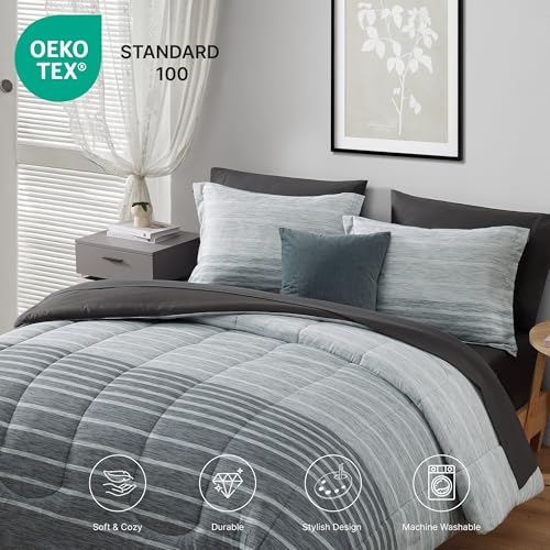 Monbix Full Size Comforter Set - 7 Pieces Bed in a Bag Full, Grey-Stripe Bedding Sets, All Seasons Comforter Bed Set with Sheets, Pillowcases & Shams Monbix