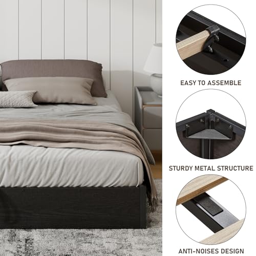 YUMPIE Queen Size Lift-Up Storage Platform Bed Frame, Metal Bed Frame with Wooden Slats Support, Spacious Underneath Storage, No Box Spring Required, Noise-Free, Black YUMPIE